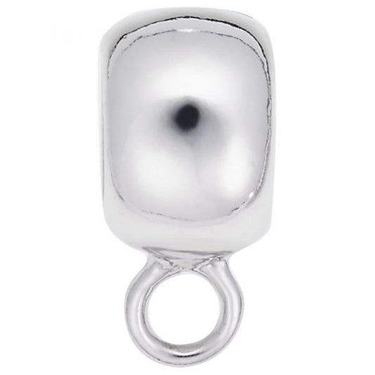 Close-up image of a shiny, reflective Pandora Converter Charm Drop - Large Width Charm in sterling silver by Rembrandt Charms. This rectangular, slightly domed pendant bail features a small circular loop at the bottom for attaching to jewelry. The smooth, polished surface gleams beautifully, making it an ideal charm drop for necklaces or other pieces.
