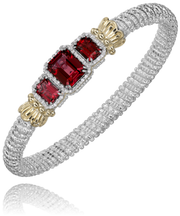The Alwand Vahan Jewelry 6MM Closed / 0.24CT Red Garnet bracelet showcases a twisted silver design with three prominent 0.24CT red garnet gemstones set in gold. The center stone is larger than the two flanking ones, surrounded by small diamonds that enhance its intricate and luxurious appearance.