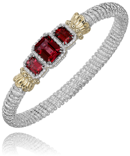 The Alwand Vahan Jewelry 6MM Closed / 0.24CT Red Garnet bracelet showcases a twisted silver design with three prominent 0.24CT red garnet gemstones set in gold. The center stone is larger than the two flanking ones, surrounded by small diamonds that enhance its intricate and luxurious appearance.
