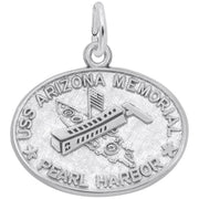 The Rembrandt Charms' USS Arizona Memorial Charm, crafted from sterling silver, boasts an elegant oval shape with an engraving of the USS Arizona Memorial. The phrase "USS ARIZONA MEMORIAL" is inscribed at the top, while "PEARL HARBOR" is etched at the bottom, flanked by stars for a touch of patriotic beauty.
