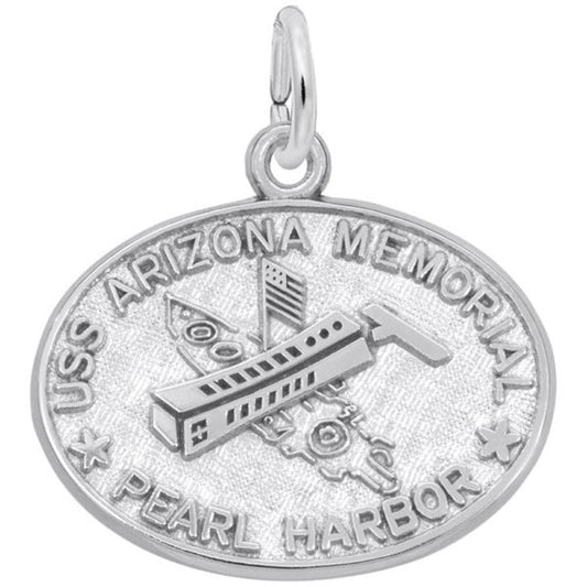 The Rembrandt Charms' USS Arizona Memorial Charm, crafted from sterling silver, boasts an elegant oval shape with an engraving of the USS Arizona Memorial. The phrase "USS ARIZONA MEMORIAL" is inscribed at the top, while "PEARL HARBOR" is etched at the bottom, flanked by stars for a touch of patriotic beauty.