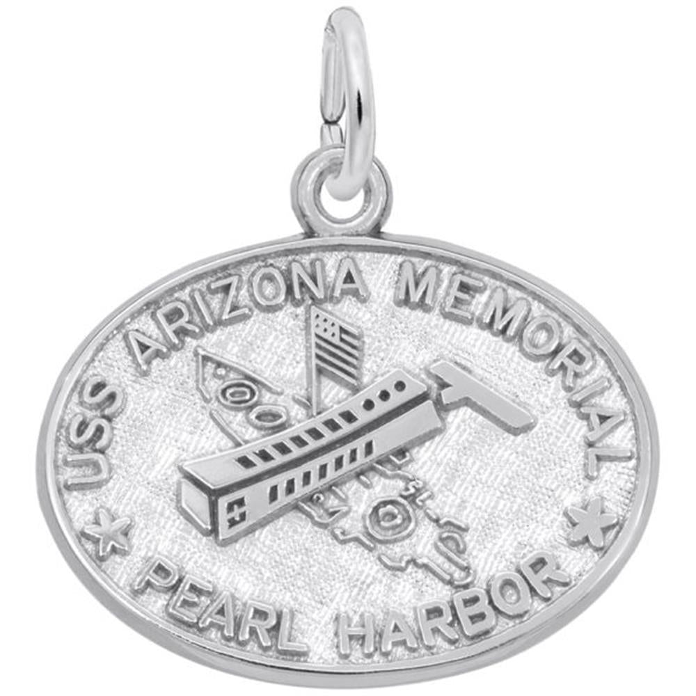 The Rembrandt Charms USS Arizona Memorial - Sterling Silver Charm is an oval pendant featuring an engraving of the USS Arizona Memorial. The text encircling the edge reads "USS ARIZONA MEMORIAL PEARL HARBOR," with a small loop at the top for easy attachment.