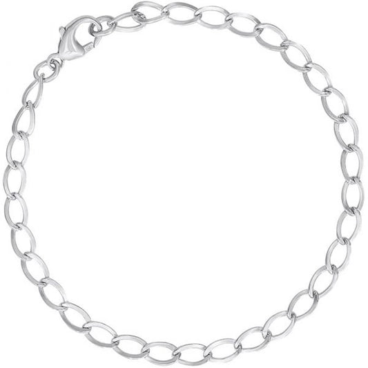The Rembrandt Charms Charm Bracelet 7 Inch / Sterling Silver features a delicate sterling silver chain with oval links and a lobster clasp closure. This bracelet forms a circle with evenly spaced links, creating a simple, elegant design.