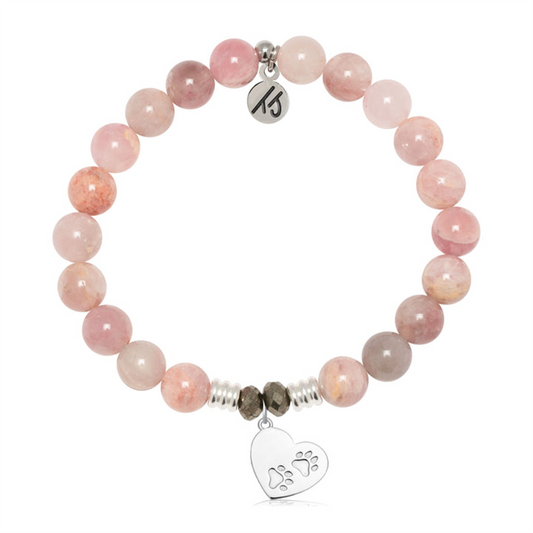 The T Jazelle Madagascar Quartz Gemstone Bracelet with Paws of Love Sterling Silver features pink gemstones and two sterling silver charms: a heart with paw prints and a round charm engraved with the number 15.