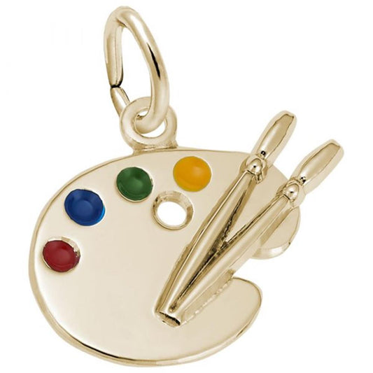 'Gold-plated sterling silver charm shaped like an artist's palette with colorful paint dabs and brushes. Style 0800, 0.7 in x 0.44 in (17.87 mm x 11.26 mm).'
