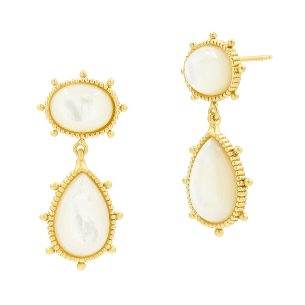 The Freida Rothman CTYMPE02 Coastal MOP Statement Drop Earrings feature oval and teardrop-shaped white stones with gold beading and ball accents in a double drop style, adding elegant flair to any look.