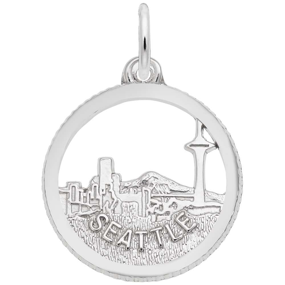 A sterling silver "Seattle Skyline Charm" by Rembrandt Charms, featuring the iconic Seattle skyline with landmarks such as the Space Needle and "Seattle" elegantly inscribed at the bottom.