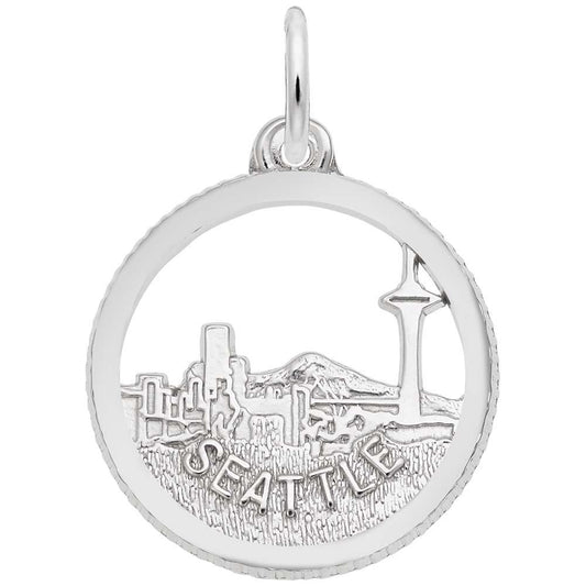 A sterling silver "Seattle Skyline Charm" by Rembrandt Charms, featuring the iconic Seattle skyline with landmarks such as the Space Needle and "Seattle" elegantly inscribed at the bottom.