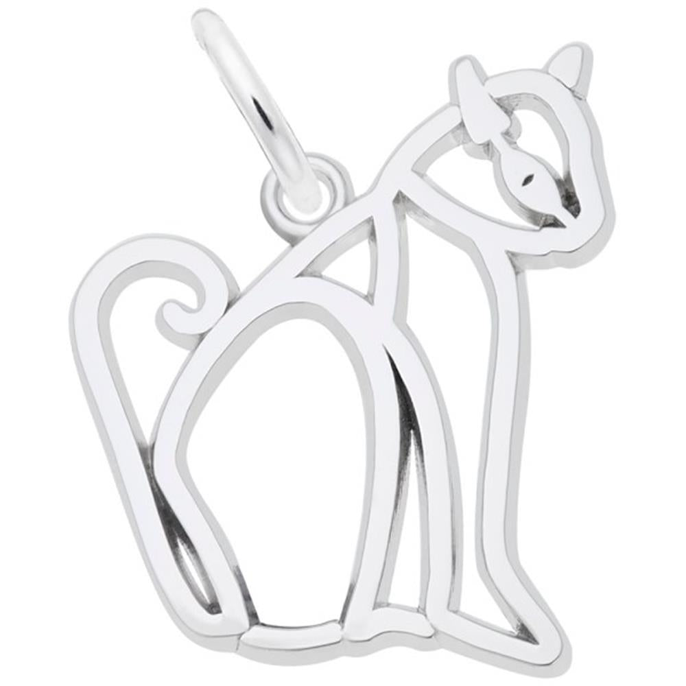 The Sitting Cat Flat Charm by Rembrandt Charms is a sterling silver pendant with a minimalist and geometric design, featuring smooth, curved lines that form the head, ears, body, legs, and a curled tail. This elegant charm includes a small loop for attaching to a chain or necklace.