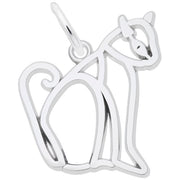 The Sitting Cat Flat Charm by Rembrandt Charms is a sterling silver pendant with a minimalist and geometric design, featuring smooth, curved lines that form the head, ears, body, legs, and a curled tail. This elegant charm includes a small loop for attaching to a chain or necklace.