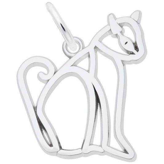 The Sitting Cat Flat Charm by Rembrandt Charms is a sterling silver pendant with a minimalist and geometric design, featuring smooth, curved lines that form the head, ears, body, legs, and a curled tail. This elegant charm includes a small loop for attaching to a chain or necklace.