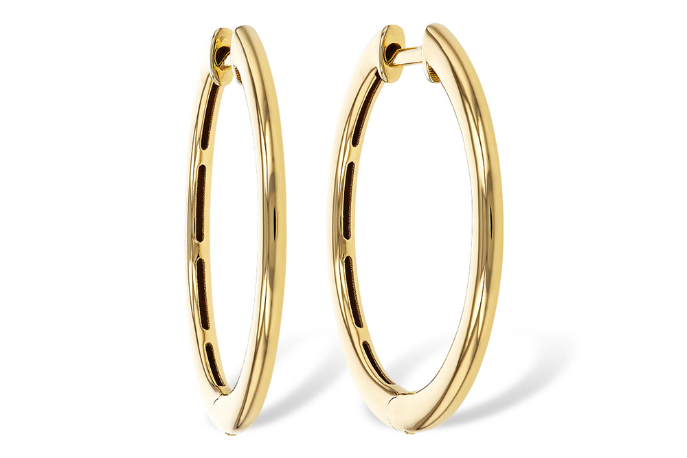The Allison Kaufman 14K Yellow Gold Hoops, measuring 24mm, feature a smooth and polished finish and are displayed upright against a white background.