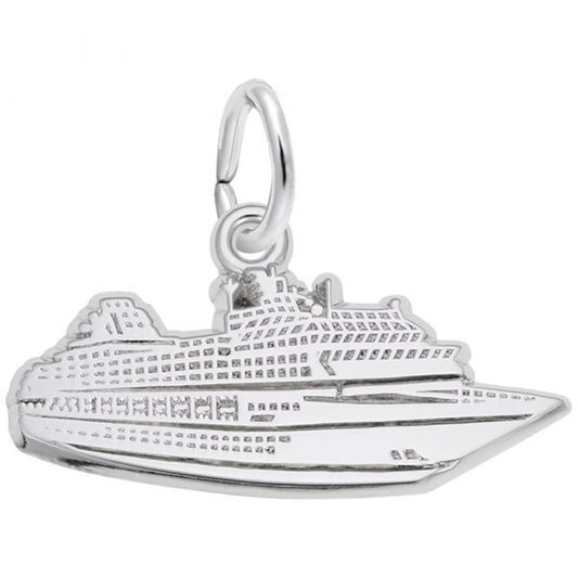The Flat Cruise Ship Charm in Sterling Silver by Rembrandt Charms showcases detailed engravings of windows and decks, complete with a small circular ring for effortless attachment to jewelry or a bracelet.