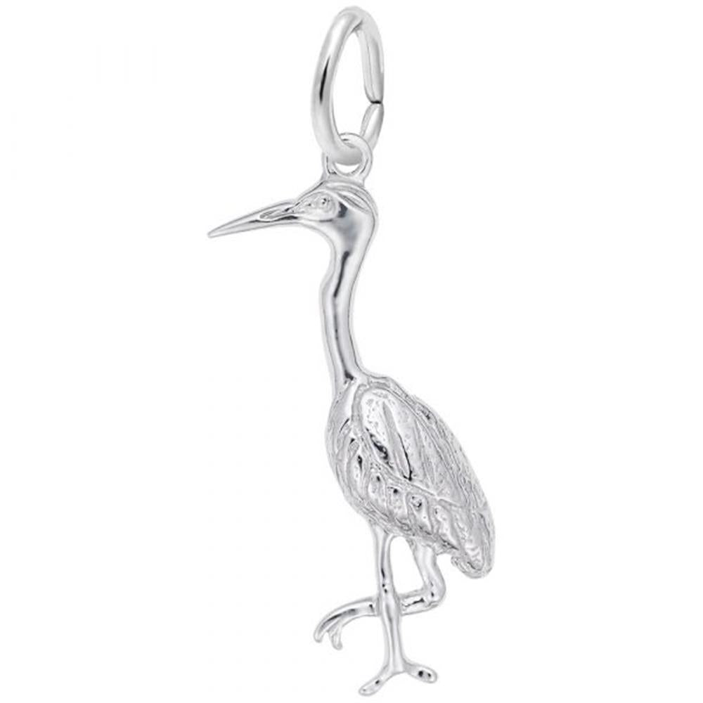 The Rembrandt Charms Heron Charm, crafted from polished sterling silver, is intricately shaped to resemble a heron with detailed feather engravings and a long beak. This elegant charm features a small loop at the top for easy attachment to a necklace or bracelet, showcasing its sleek and refined design.