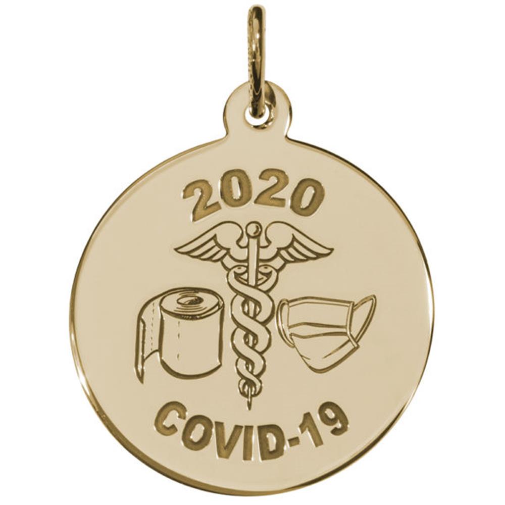 Gold-plated sterling silver charm called "Covid-19 TP, Mask, Caduceus" by Rembrandt Charms. It features a caduceus, a toilet paper roll, and a face mask to symbolize the pandemic.