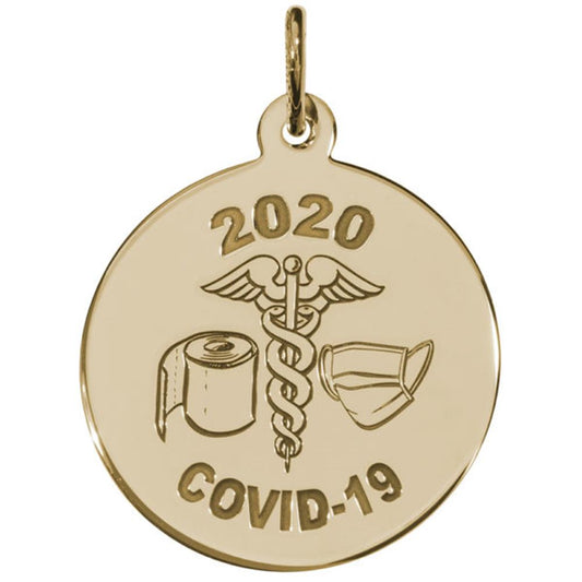 Gold-plated sterling silver charm called "Covid-19 TP, Mask, Caduceus" by Rembrandt Charms. It features a caduceus, a toilet paper roll, and a face mask to symbolize the pandemic.