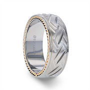 The SATURN Woven Pattern Titanium Ring by Thorsten features a detailed tire tread design in silver titanium, complemented by a gold rope-like inner edge. The interior is smooth and engraved with "TITANIUM". This 8mm ring masterfully combines rugged elements with refined craftsmanship for a truly unique appearance.