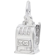 The Rembrandt Charms Slot Machine Charm in sterling silver is a small, intricately detailed piece resembling a slot machine. It features a handle on the side and three diamond-like stones in the display area for a realistic appearance, and includes a loop at the top for easy attachment.
