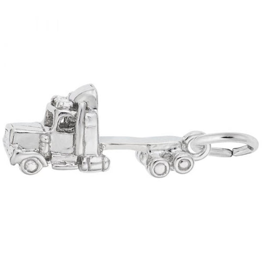 A detailed image of the Sterling Silver Semi Truck Charm by Rembrandt Charms. This charm features a polished and intricately detailed semi truck design, measuring 0.65 inches by 0.33 inches (16.41 mm by 8.26 mm). The charm has a sleek sterling silver finish, perfect for adding a touch of adventure and road spirit to any charm bracelet or necklace. Style number 6389.