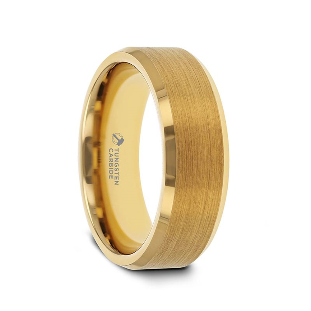 The Thorsten HONOR Gold-Plated Tungsten Beveled Polished Edges Flat Ring with Brush showcases a sleek and modern design. The brushed gold-plated tungsten ring features polished beveled edges, while the smooth inner band is engraved with "Tungsten Carbide." The brushed center subtly reflects light, adding to its contemporary elegance.