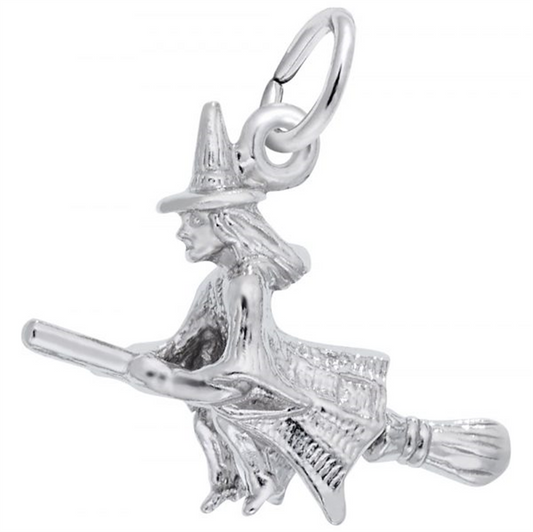 The "witch 3d - sterling silver charm" by Rembrandt Charms intricately depicts a witch on a broomstick with a pointed hat and robe. The detailed design beautifully captures motion and fantasy.