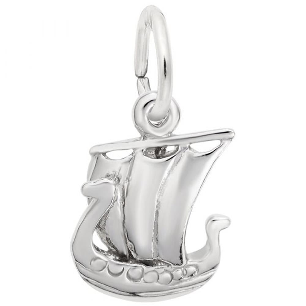 The Viking Ship Charm from Rembrandt Charms is crafted in sterling silver, featuring a curved hull and detailed sails. This elegant charm includes a small loop at the top, perfect for attaching to a bracelet or necklace.