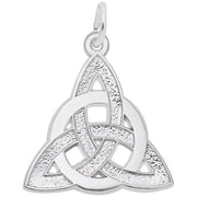 Introducing the Celtic Circle of Life Charm by Rembrandt Charms, a sterling silver metallic pendant that showcases a classic Celtic knot design, enhanced with an intricate textured pattern within its triangular sections. The piece features smooth, polished edges and interwoven loops forming a distinctive triangular shape. An attachment ring at the top allows for easy addition to any chain or cord, making this charm a timeless embodiment of elegance and tradition.

