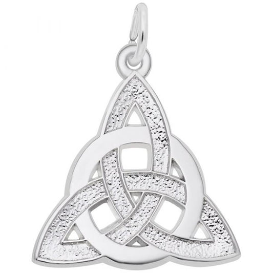 Introducing the Celtic Circle of Life Charm by Rembrandt Charms, a sterling silver metallic pendant that showcases a classic Celtic knot design, enhanced with an intricate textured pattern within its triangular sections. The piece features smooth, polished edges and interwoven loops forming a distinctive triangular shape. An attachment ring at the top allows for easy addition to any chain or cord, making this charm a timeless embodiment of elegance and tradition.

