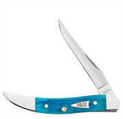The W.R. Case & Sons Cutlery Co. Crandall Jig Sky Blue Bone Small Texas Toothpick features a curved blue bone handle with brass rivets, a silver "CASE" label, and two stainless steel blades—one open, one closed.
