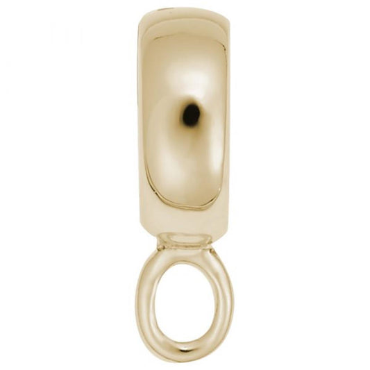 A close-up view of a shiny, gold-plated sterling silver jewelry bail with a rectangular top and an attached oval loop at the bottom. The reflective surface of the Rembrandt Charms Pandora Converter Charmdrop Rounded / Gold-Plated Sterling Silver gives it a polished appearance. The background is plain white.