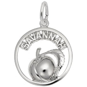 The Savannah Peach Charm by Rembrandt Charms is a sterling silver pendant with the word "SAVANNAH" at the top, elegantly highlighting a raised peach with a leaf centered within its circular frame.