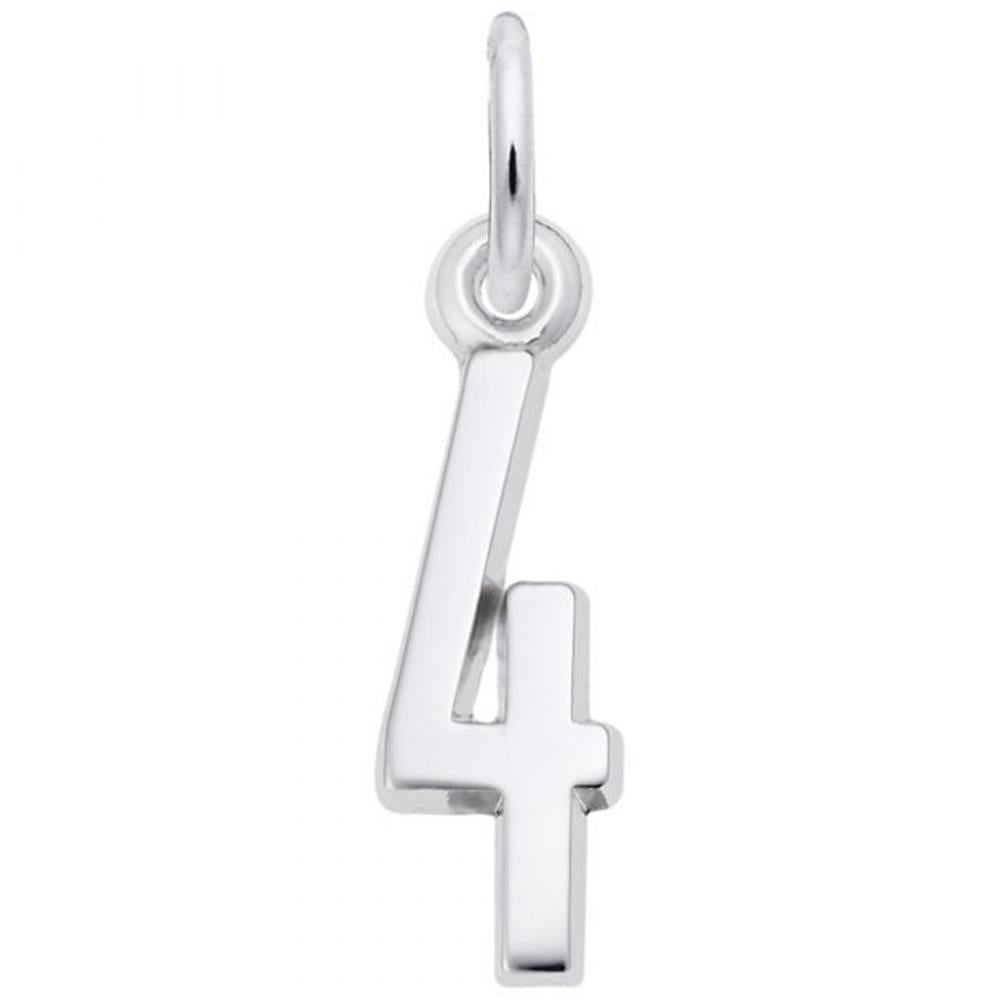 The Rembrandt Charms Number 4 Charm, crafted from sterling silver, showcases a smooth and shiny surface with a small loop at the top for attaching to a chain or bracelet.