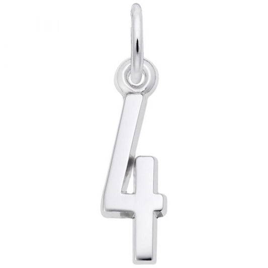 The Rembrandt Charms Number 4 Charm, crafted from sterling silver, showcases a smooth and shiny surface with a small loop at the top for attaching to a chain or bracelet.