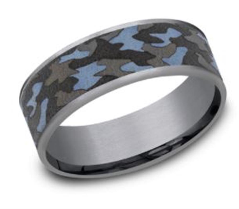 The 7.5mm Tantalum with Camo Design Ring from Benchmark Rings is a comfort-fit band featuring a camo pattern in shades of grey and light blue. The ring boasts a smooth, polished exterior and an interior with a reflective finish.