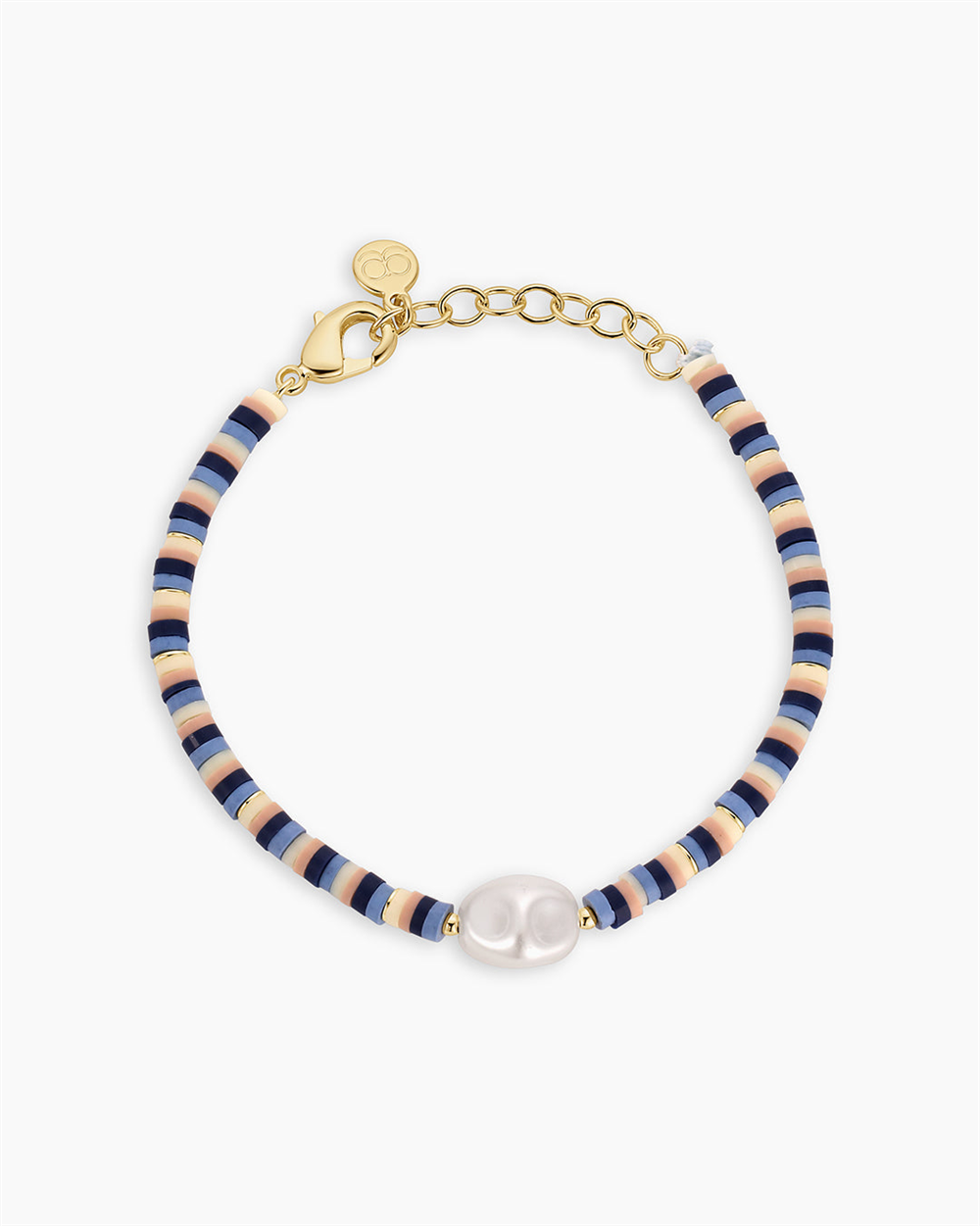 The Gorjana Harbor Pearl Bracelet features alternating navy blue, cream, and light pink beads with a central white pearl bead, finished with a gold clasp, adjustable chain, and round charm—a stylish Harbor jewelry accessory.