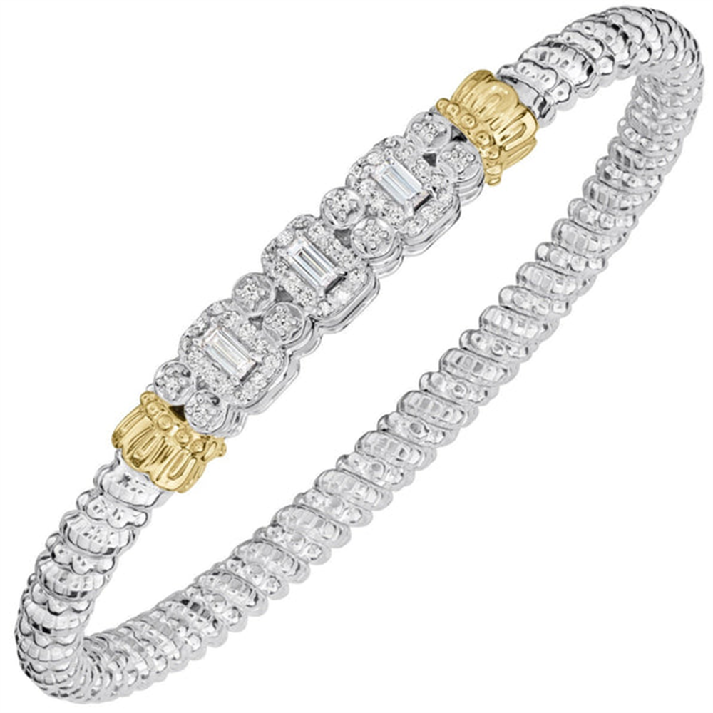 A flexible, textured silver bracelet by Alwand Vahan Jewelry, the 4mm Diamond Baguette Bangle features a center section adorned with rectangular and round clear stones, reminiscent of diamond baguettes, and is accented by two gold-tone caps on either side.