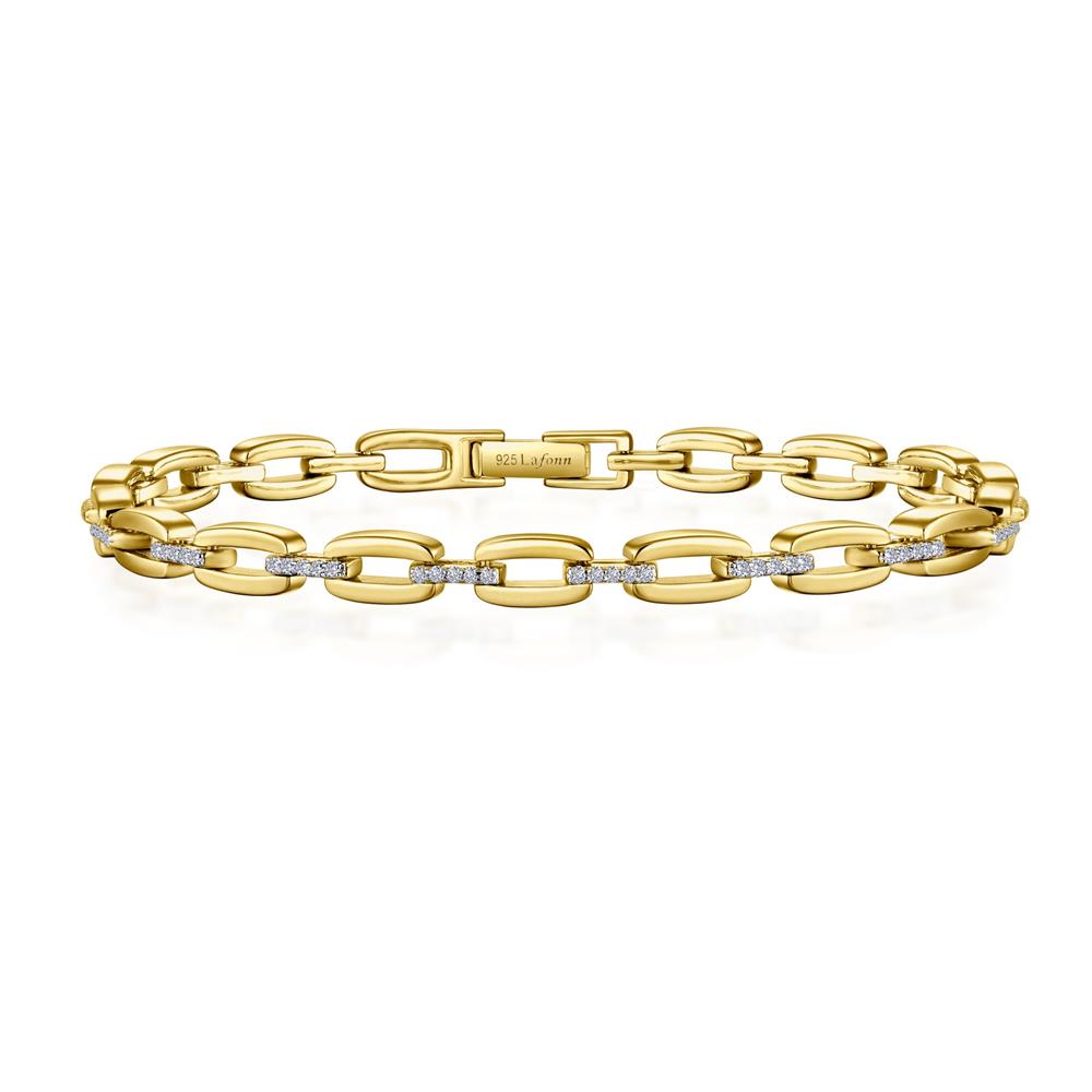 The Lafonn Diamond Alternating Link Bracelet features an elegant design of elongated oval links interspersed with smaller, simulated diamond-encrusted links. The gold link bracelet includes a clasp marked with "925," signifying the sterling silver content beneath its yellow gold plating.