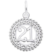 The Rembrandt Charms "Number 21 Charm" in Sterling Silver features a round design with the number "21" prominently displayed at the center. Encircling the number is an intricately designed outer border accented by a zigzag pattern. A convenient loop at the top allows for easy attachment to a necklace or bracelet.