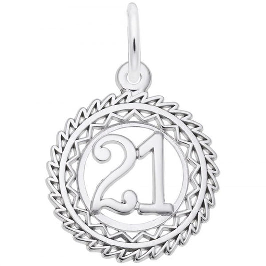 The Rembrandt Charms "Number 21 Charm" in Sterling Silver features a round design with the number "21" prominently displayed at the center. Encircling the number is an intricately designed outer border accented by a zigzag pattern. A convenient loop at the top allows for easy attachment to a necklace or bracelet.