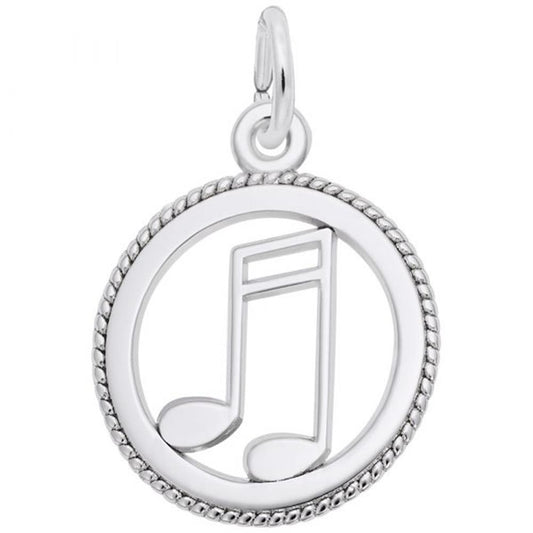 The Rembrandt Charms Music Charm / Sterling Silver pendant boasts a circular border with a textured edge. Within the circle, there is a cutout of a musical note positioned prominently. This charming pendant also features a small loop at the top for attaching to a necklace or chain.