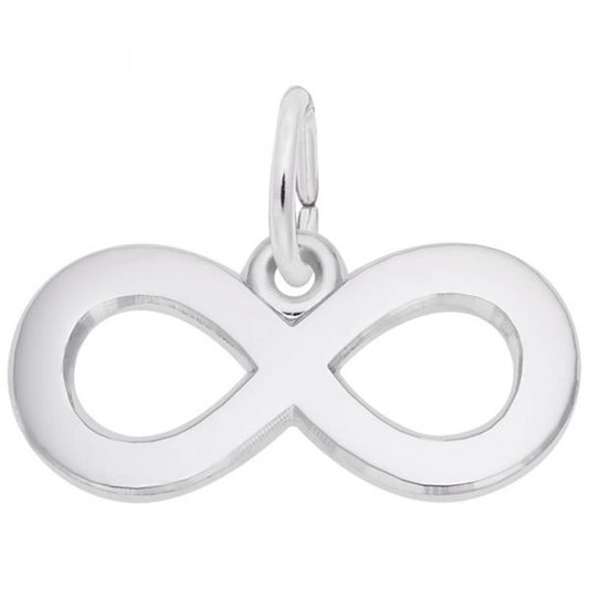 The Infinity Symbol Charm in Sterling Silver from Rembrandt Charms features a smooth, reflective design with soft edges and a polished finish. This elegant piece includes a small loop at the top for easy attachment to a chain or bracelet. The charm is showcased against a white background.