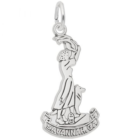 The Rembrandt Charms Savannah Waving Girl Charm, crafted in sterling silver, features a woman waving a cloth with raised arms alongside her loyal dog. It showcases the iconic Savannah Waving Girl statue from Savannah, Georgia and includes the text "SAVANNAH, GA" at the bottom.