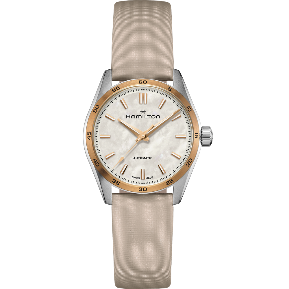 The Hamilton Mother of Pearl Automatic wristwatch features a white textured dial with gold hour markers and hands, encased in a silver and gold-tone PVD coated bezel. The brand name "Hamilton" is displayed below the 12 o'clock position. It also comes with a beige leather strap.