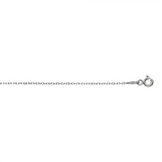A close-up image of the delicate Sterling Silver 0.8mm Diamond Cut Cable Chain with Lobster Clasp by Royal Chain Group-Royal Chain. The chain, featuring thin, small, uniform links and a lobster clasp visible on the right end, is elegantly displayed against a white background to highlight its simplicity and elegance.