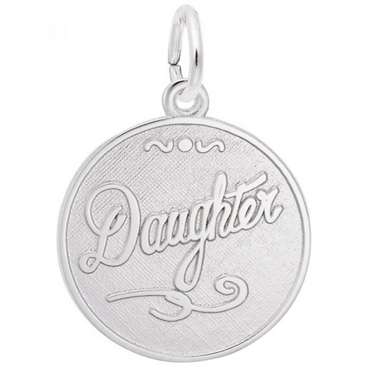 The Daughter Charm from Rembrandt Charms is a round sterling silver pendant with the word "Daughter" elegantly engraved in the center. This charming piece features a loop at the top for easy attachment to a chain or bracelet, and its background boasts a subtle textured design.