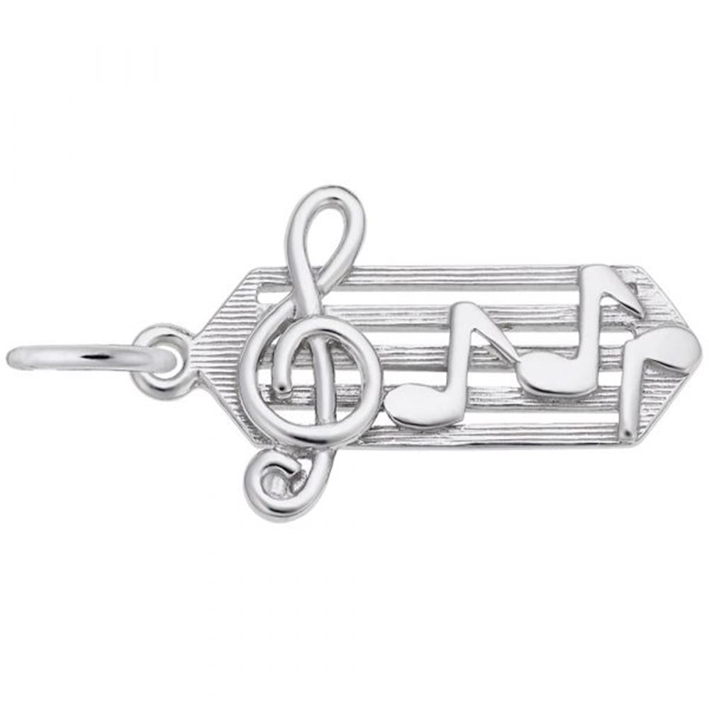 The Rembrandt Charms' Music Staff Charm in sterling silver features a treble clef and two eighth notes on a rectangular background with horizontal lines resembling a small music staff, and includes a loop at the top for attaching to a necklace or bracelet.