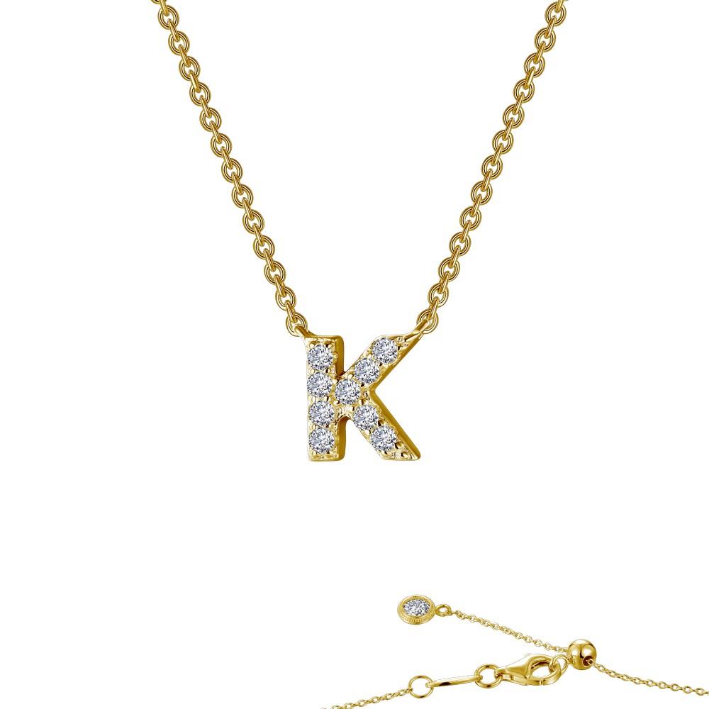 Exquisite jewelry piece: the Lafonn Letter K Pendant Necklace, a stunning gold necklace featuring a chain and a dazzling letter "K" pendant adorned with small diamonds. An adjustable clasp, also accented with a tiny diamond, ensures a perfect fit.