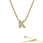 Exquisite jewelry piece: the Lafonn Letter K Pendant Necklace, a stunning gold necklace featuring a chain and a dazzling letter "K" pendant adorned with small diamonds. An adjustable clasp, also accented with a tiny diamond, ensures a perfect fit.