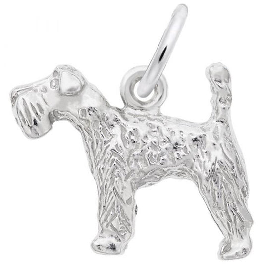 The Rembrandt Charms KERRY BLUE TERRIER/ Sterling Silver charm beautifully captures the essence of a Kerry Blue Terrier standing with its tail raised, featuring intricately detailed textured fur and an attached circular loop at the top for easy hanging or attachment to a bracelet or necklace.