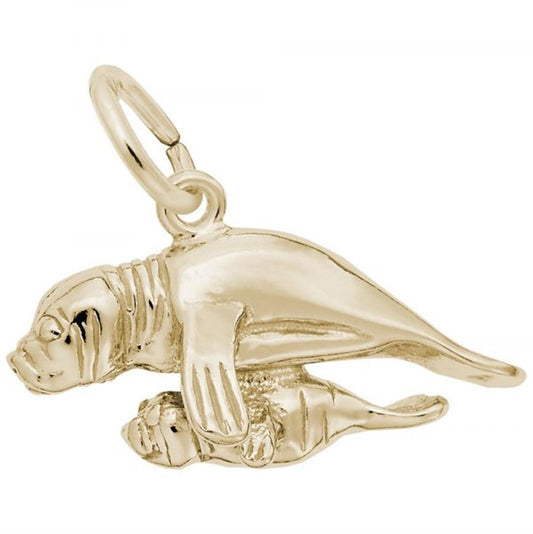 The Rembrandt Charms Manatee with Calf Charm is a gold plated sterling silver pendant. This intricate design captures the affectionate bond between the mother manatee and her calf, featuring detailed engravings around their faces and flippers. The charm is polished to a shiny finish.